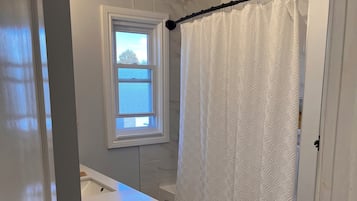 Hair dryer, bidet, towels, soap