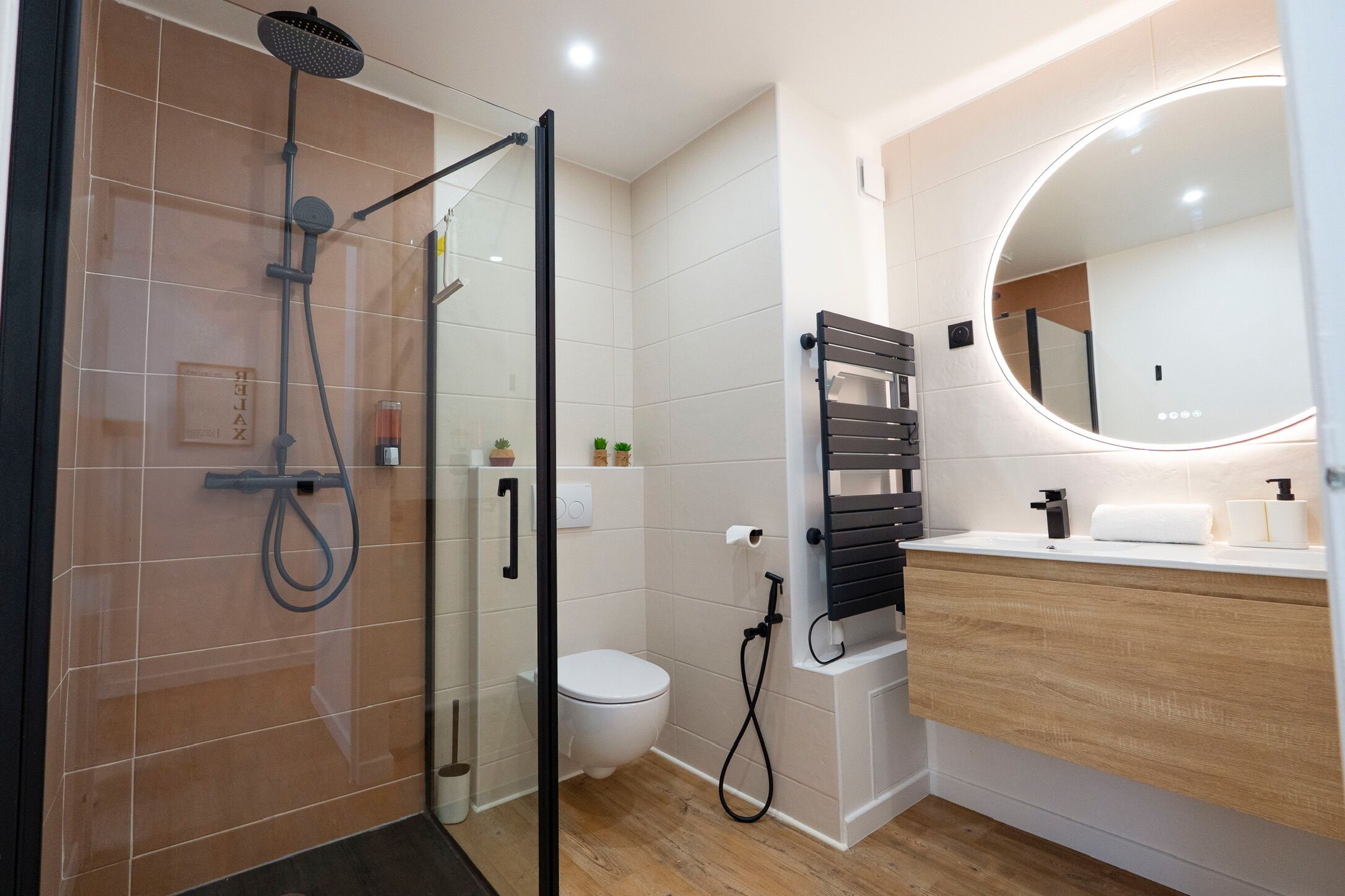 Shower, hair dryer, bidet, towels
