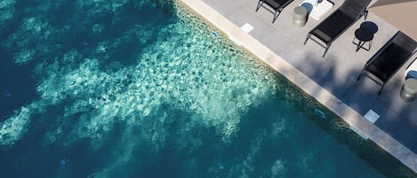 Seasonal outdoor pool, pool umbrellas, pool loungers