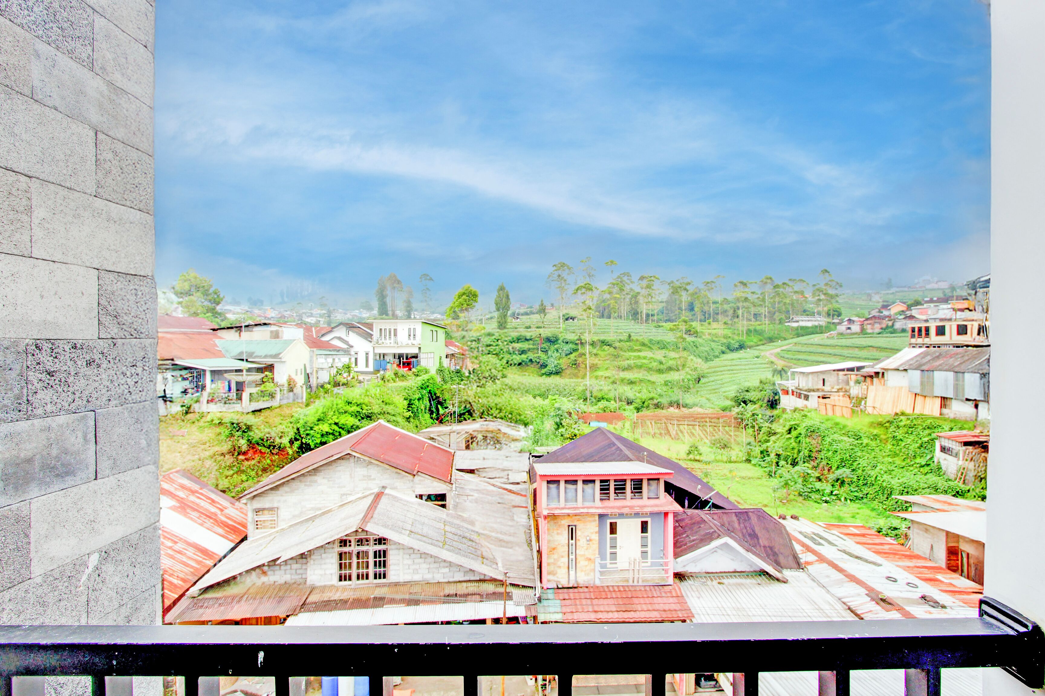A view of a residential area with houses and greenery.