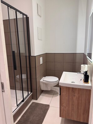 Shower, hair dryer, towels