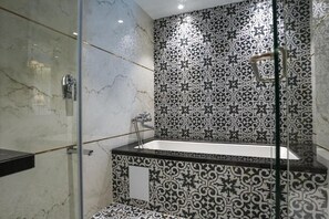 Hair dryer, slippers, towels, soap