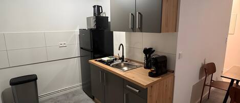 Fridge, microwave, stovetop, electric kettle