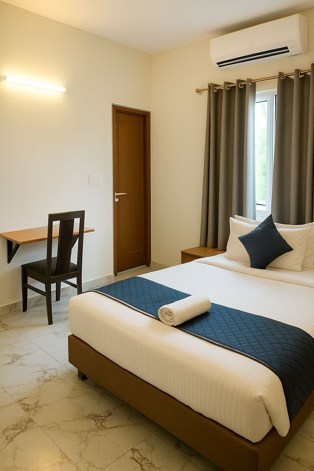 Select Comfort beds, individually furnished, desk, laptop workspace