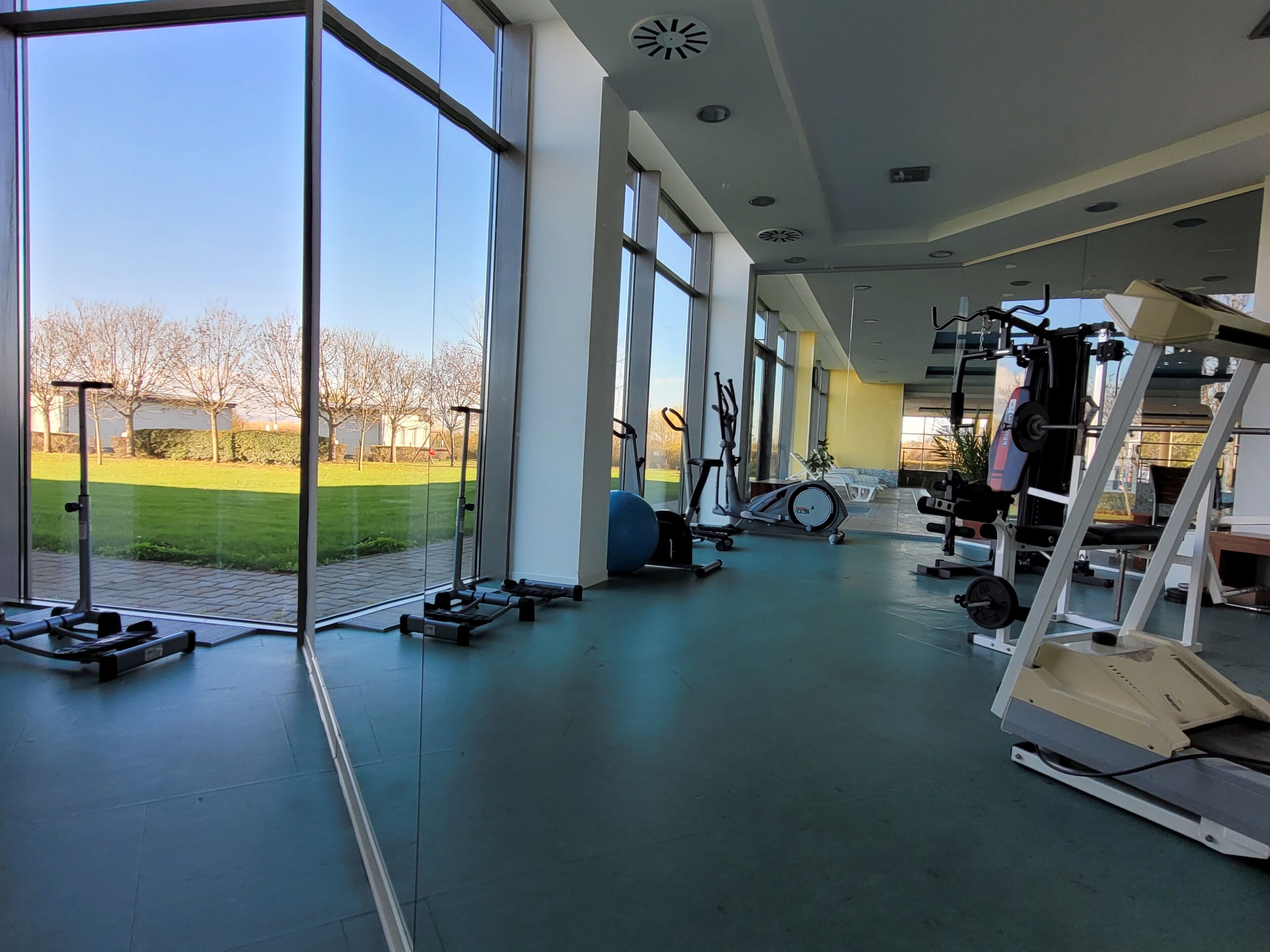 Un gimnasio amplio con ventanas grandes, equipo de ejercicios y vistas a un área verde.