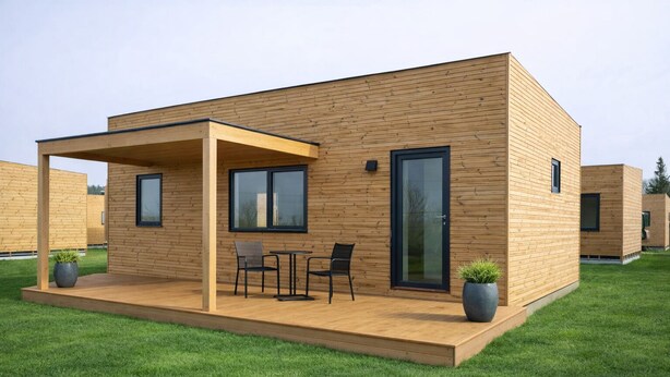 Una cabaña moderna de madera con un porche cubierto, dos sillas y una mesa.