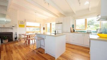 Fridge, coffee/tea maker, cookware/dishes/utensils