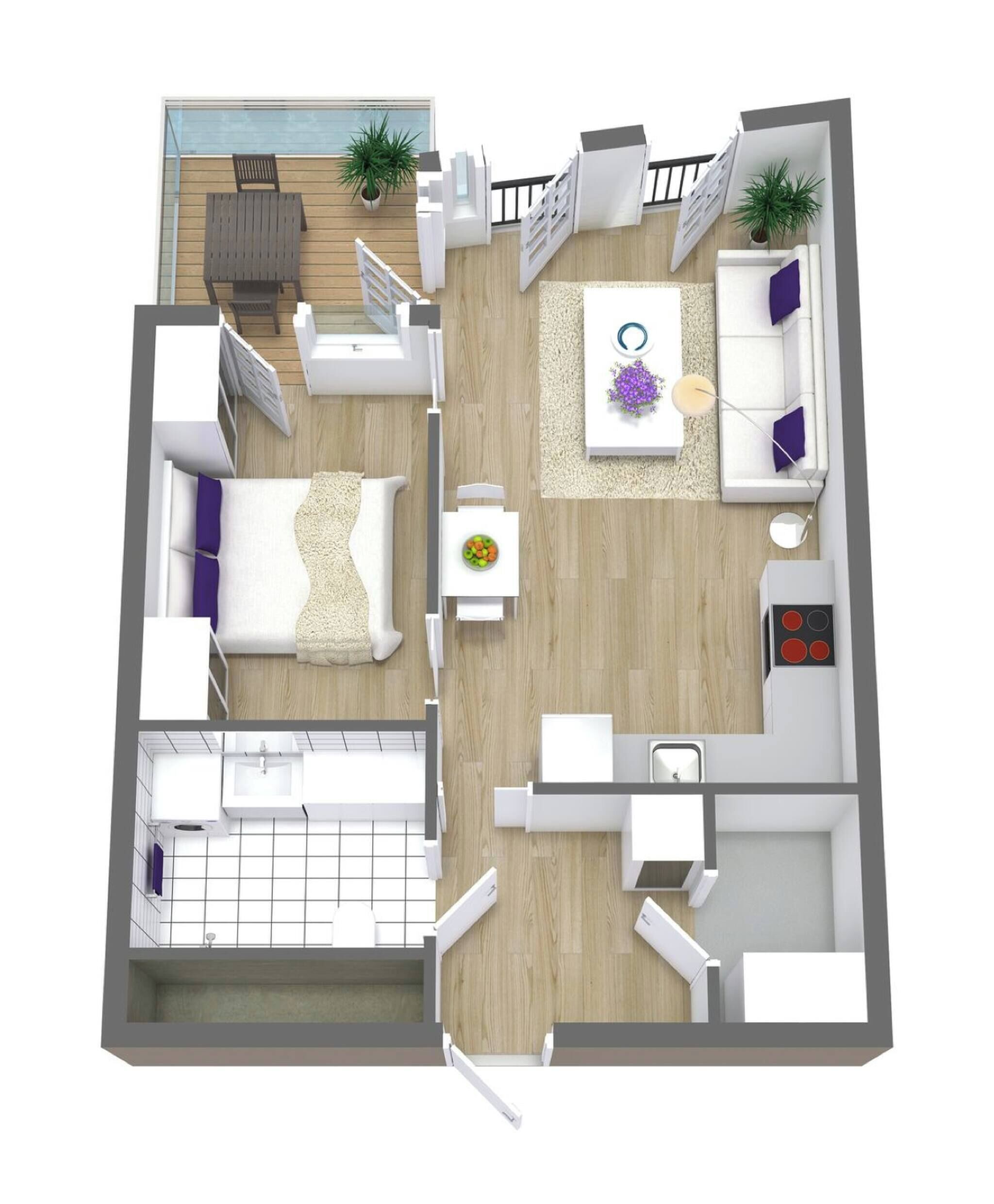 A 2-bedroom apartment with a balcony, a dining area, a kitchen, and a bathroom.