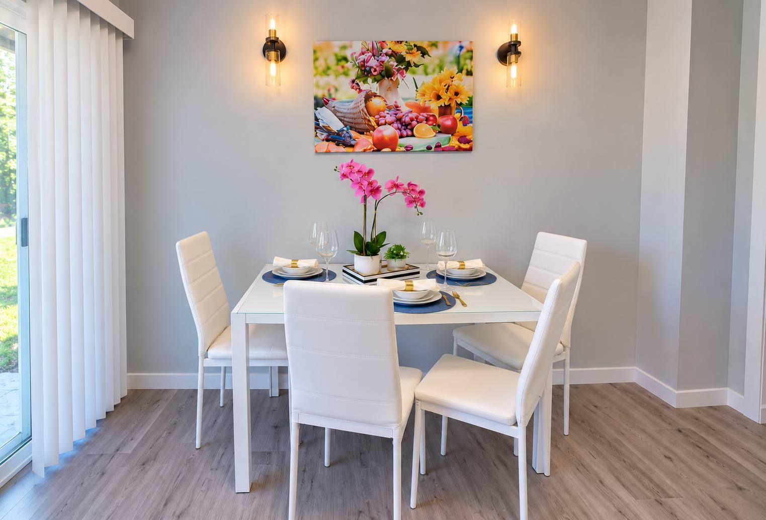 A dining area with a glass table, white chairs, and a painting above.