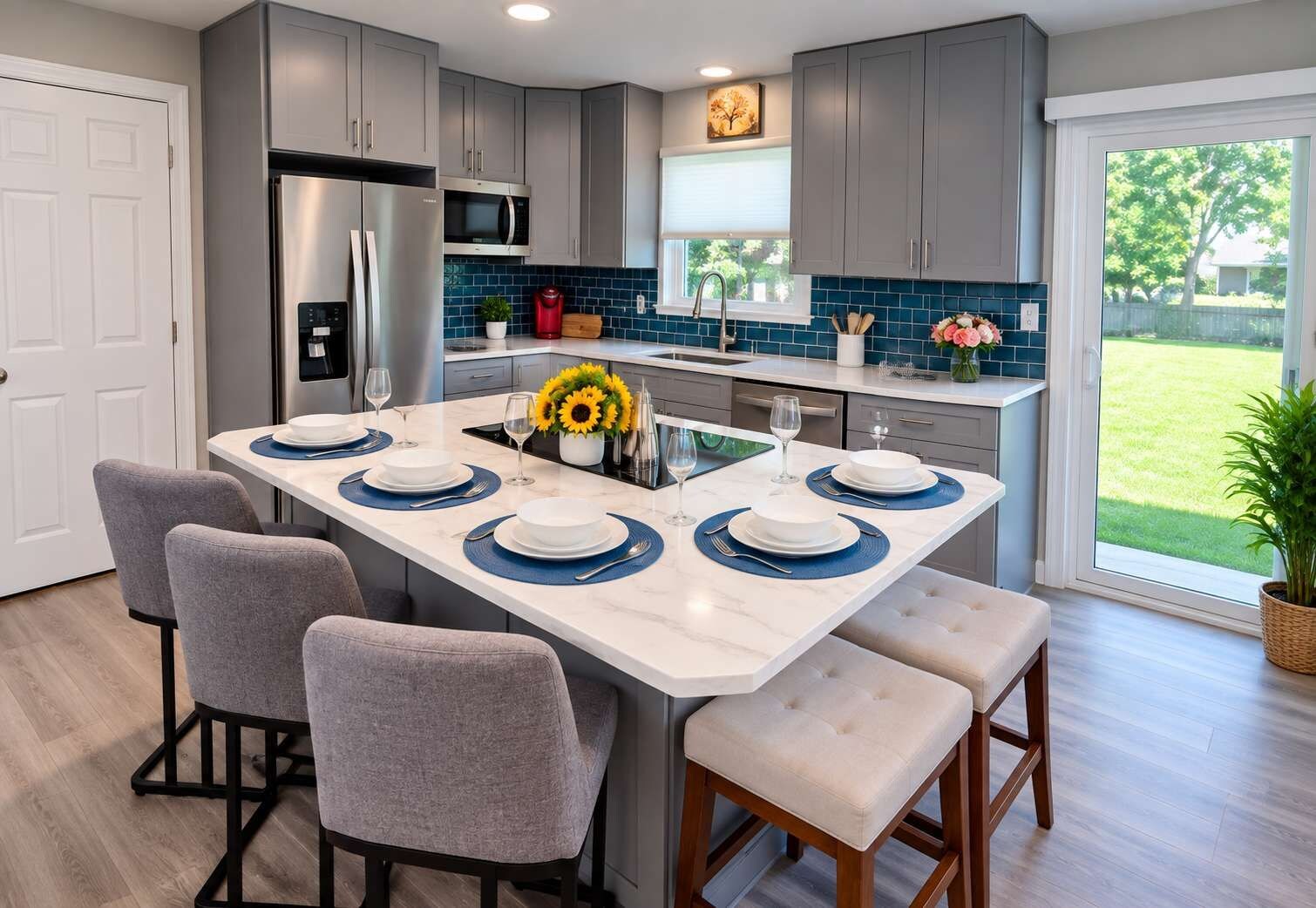 A modern kitchen with a central island, grey cabinets, and a view of the outdoors.