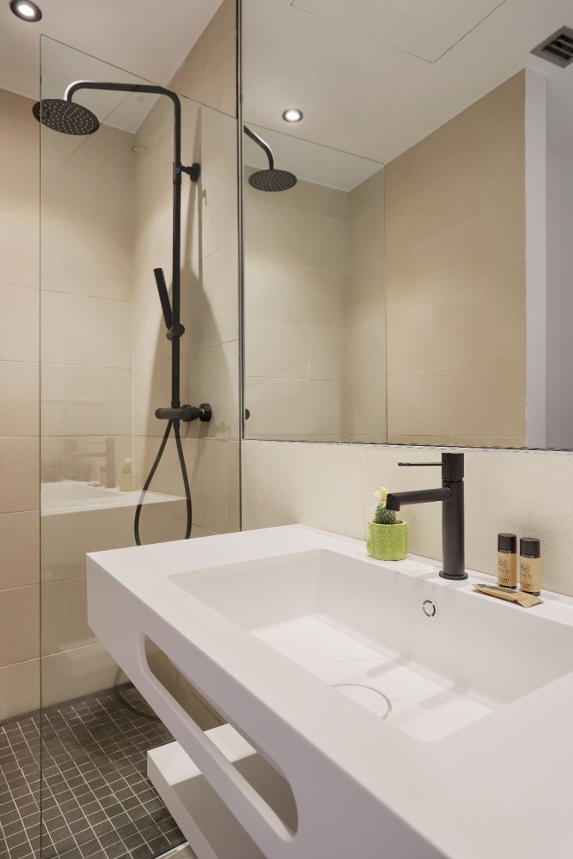 A modern bathroom with a large white sink, a glass shower enclosure, and a mirror.