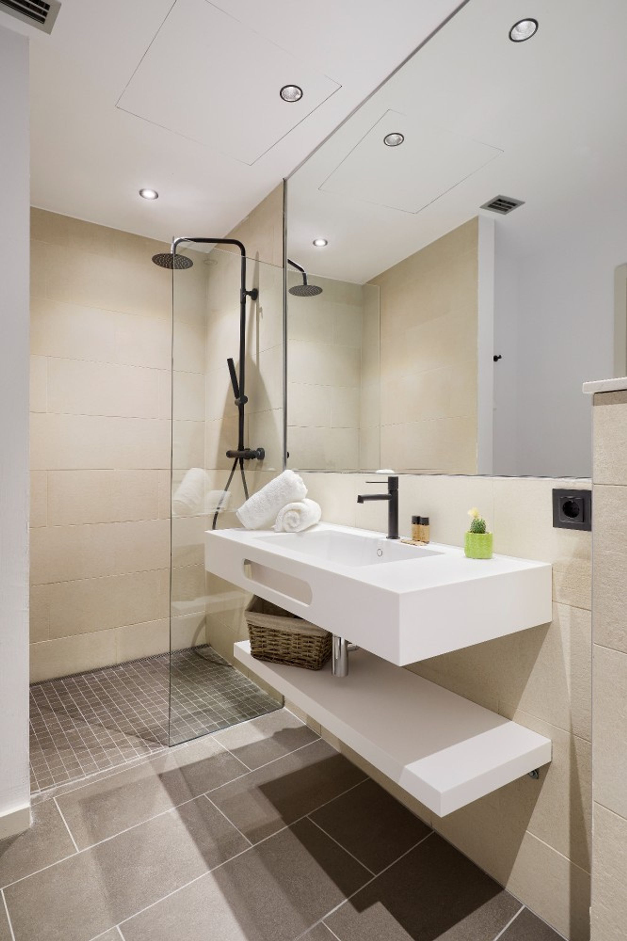 Un baño moderno con ducha de vidrio, un lavamanos blanco con espejo y una pequeña planta en maceta.