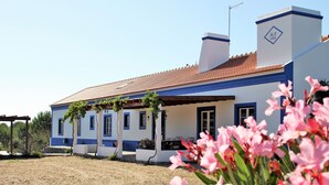 Un edificio a due piani con tetto in tegole, pareti bianche e rifiniture blu, e un camino.