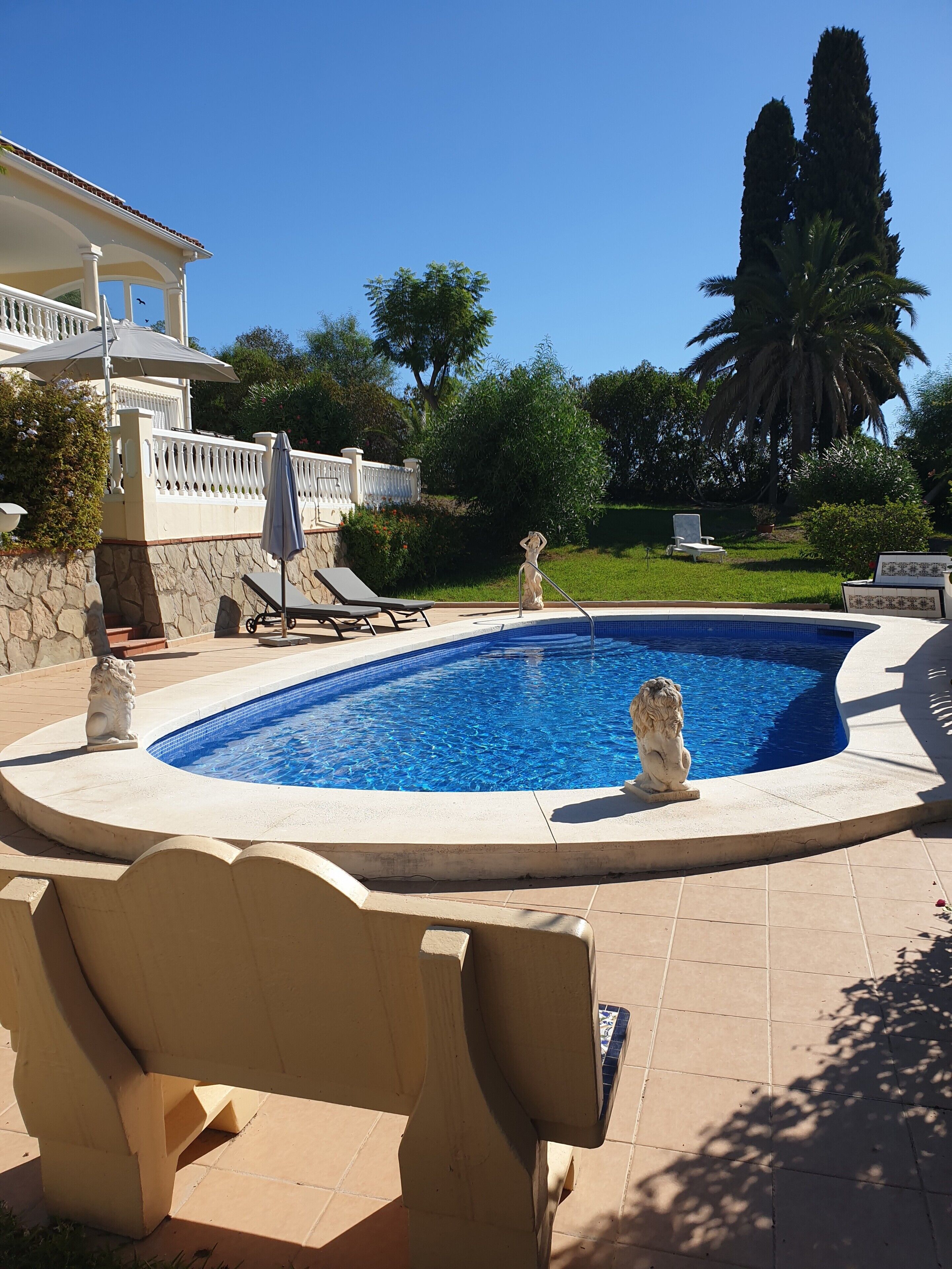 Una piscina con bordo in pietra, sedie a sdraio e una statua.