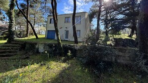 Un edificio de dos pisos con una puerta de garaje azul, rodeado de árboles y un área con césped.