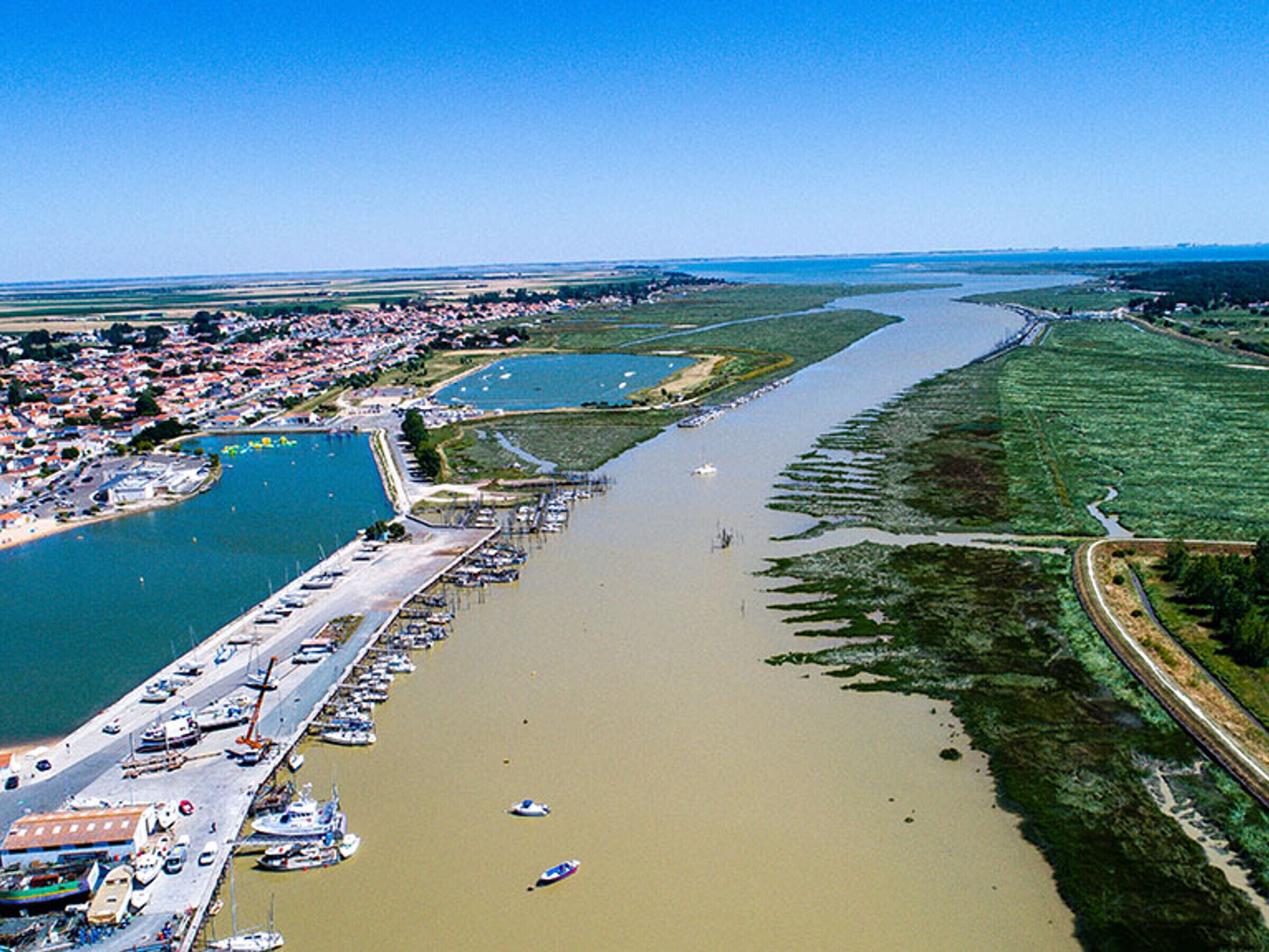 An aerial view of a coastal town with a marina, a river, and surrounding fields.
