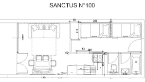A floor plan of a room labeled "SANCTUS N°100" with dimensions 130, 60, 201, 110, 83, and 169. - Comfort studio 6 ppl, terrace, pets allowed, sheets included (Gourette)
