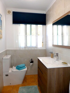 Shower, hair dryer, towels