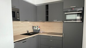 Eine moderne Küche mit grauen Schränken, einem schwarzen Spülbecken und einem eingebauten Ofen.
