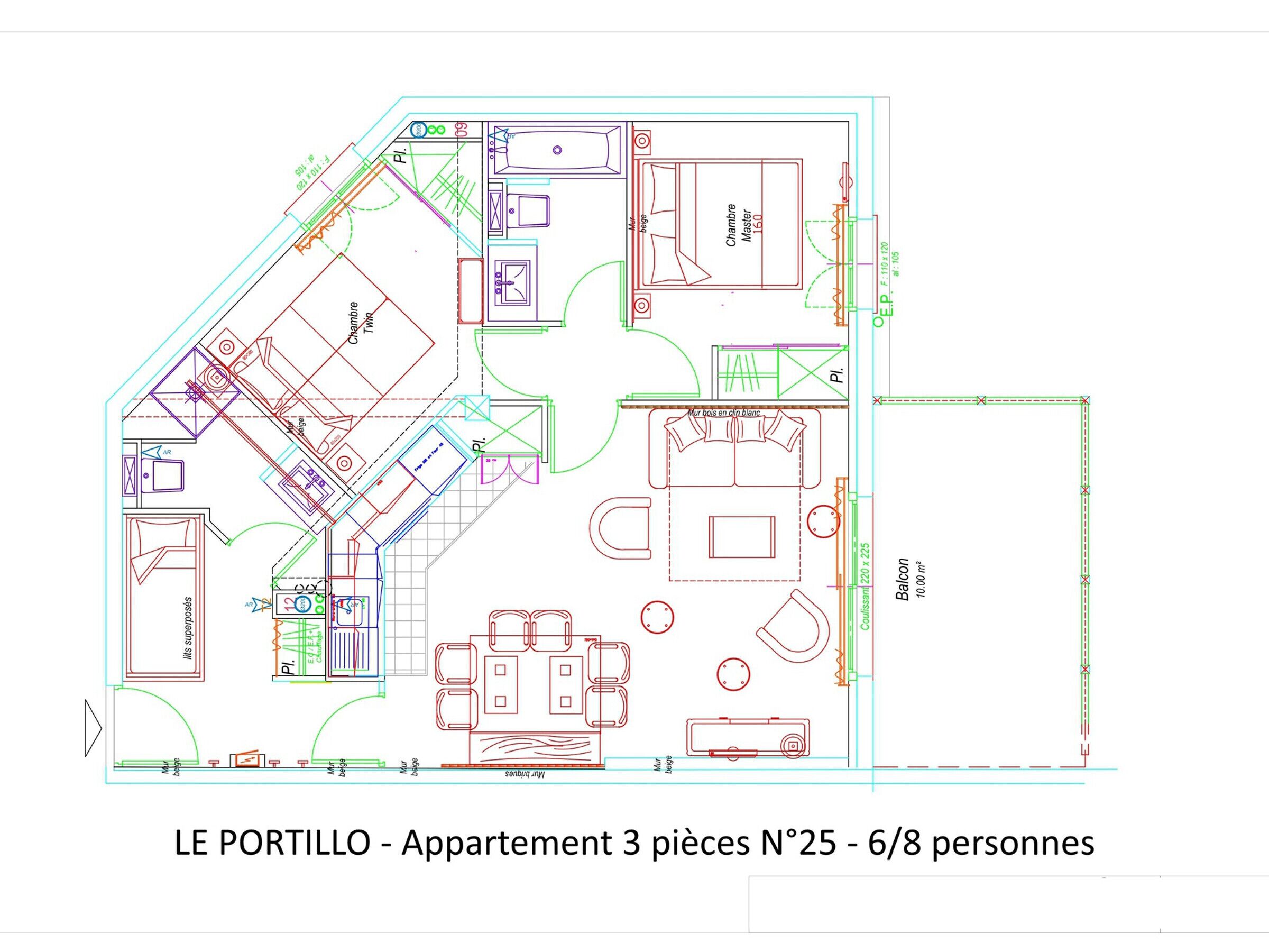 A floor plan of a 3-room apartment with 6-8 people capacity, including a balcony.