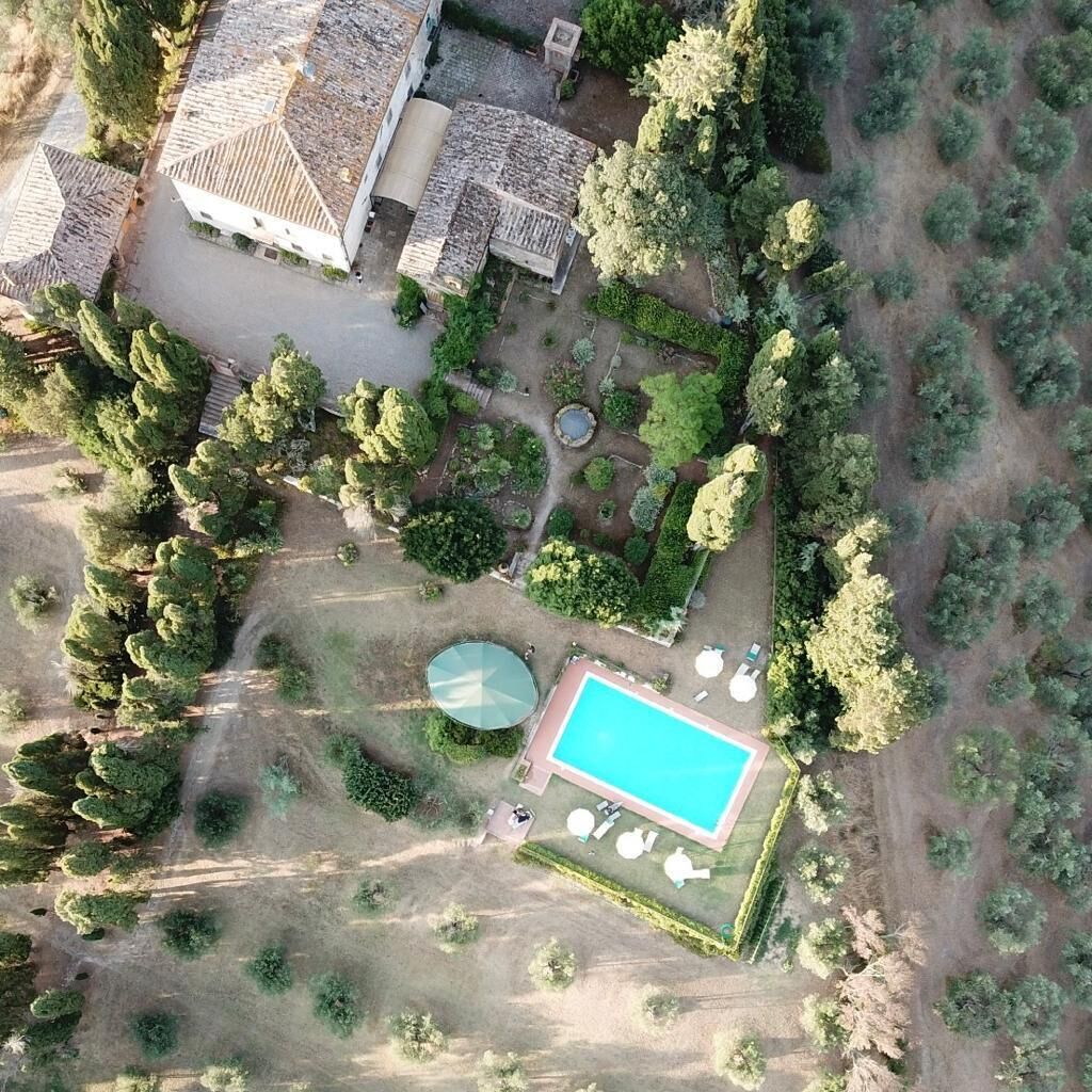 An aerial view of a property with a swimming pool, a circular hot tub, and a garden area with various trees and shrubs.
