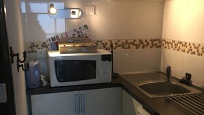 A compact kitchen with a microwave, a sink, and a dishwasher. - Gourette Studio, 6 pax, WIFI, pets allowed (Gourette)