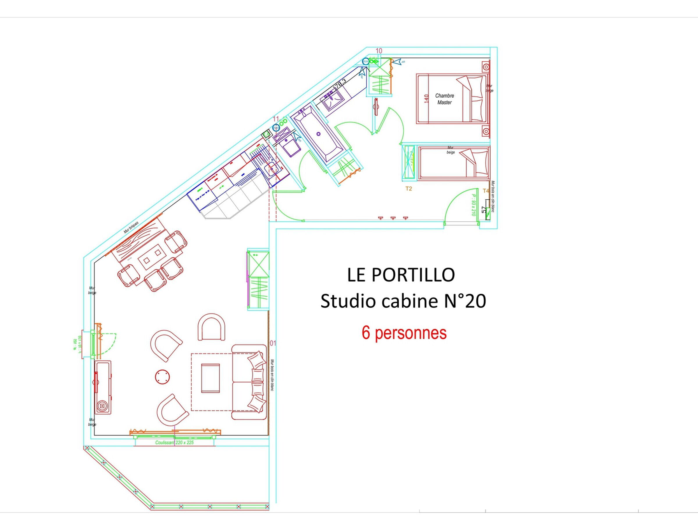 Plan d’étage d’un studio comprenant un coin cuisine, un espace de vie et une chambre.