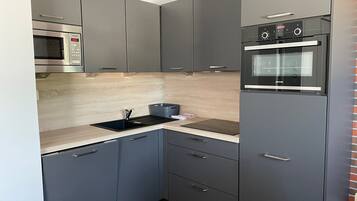 Frigorífico, microondas, horno y placa de cocina