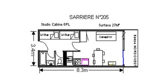 A floor plan of SARRIERE N°205, including a 6PL studio cabin, a 27m² surface area, and a 3.4m height. - Comfort studio 6 pers, Gourette resort, pets allowed (Gourette)