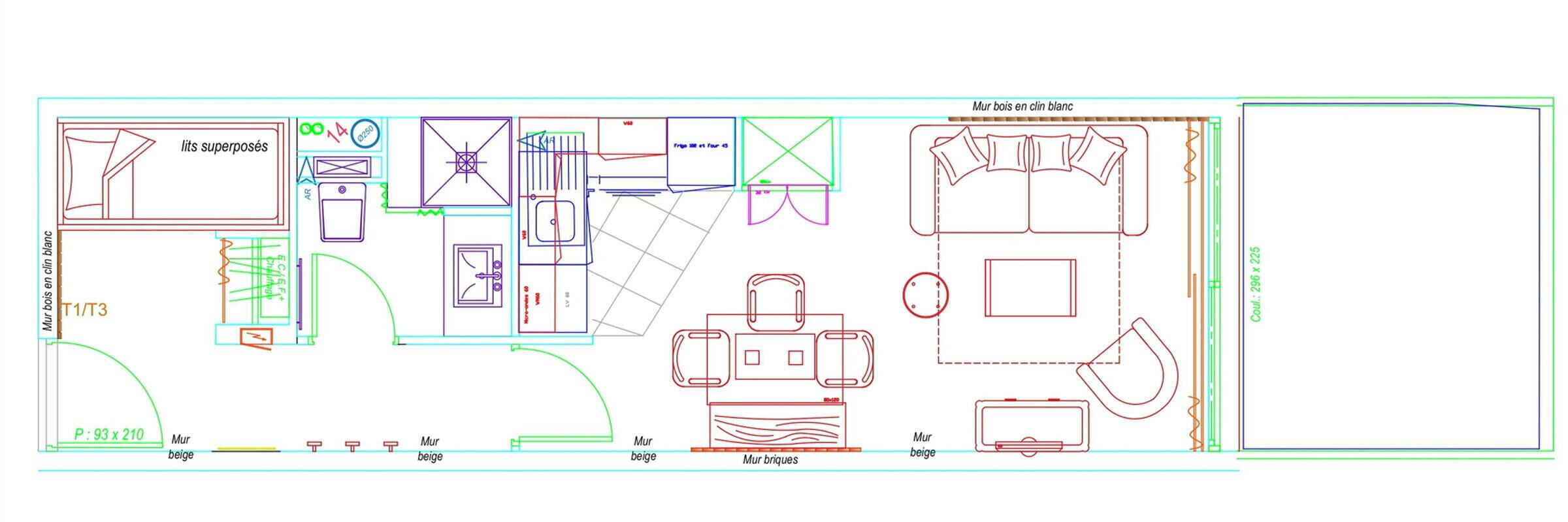 A floor plan with a kitchen, living area, and bedroom, including labeled furniture and room dimensions.