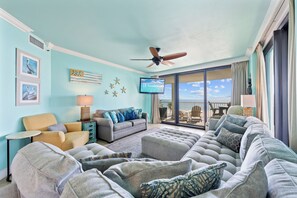 Signature Condo, 3 Bedrooms, Balcony, Beach View | Living room | 32-inch Smart TV with cable channels - Summer House 406B (Orange Beach)