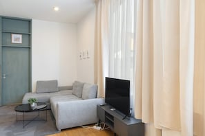 A modern living room with a grey sofa, a flat-screen TV on a stand, a small table with a plant, and a door with a picture frame.