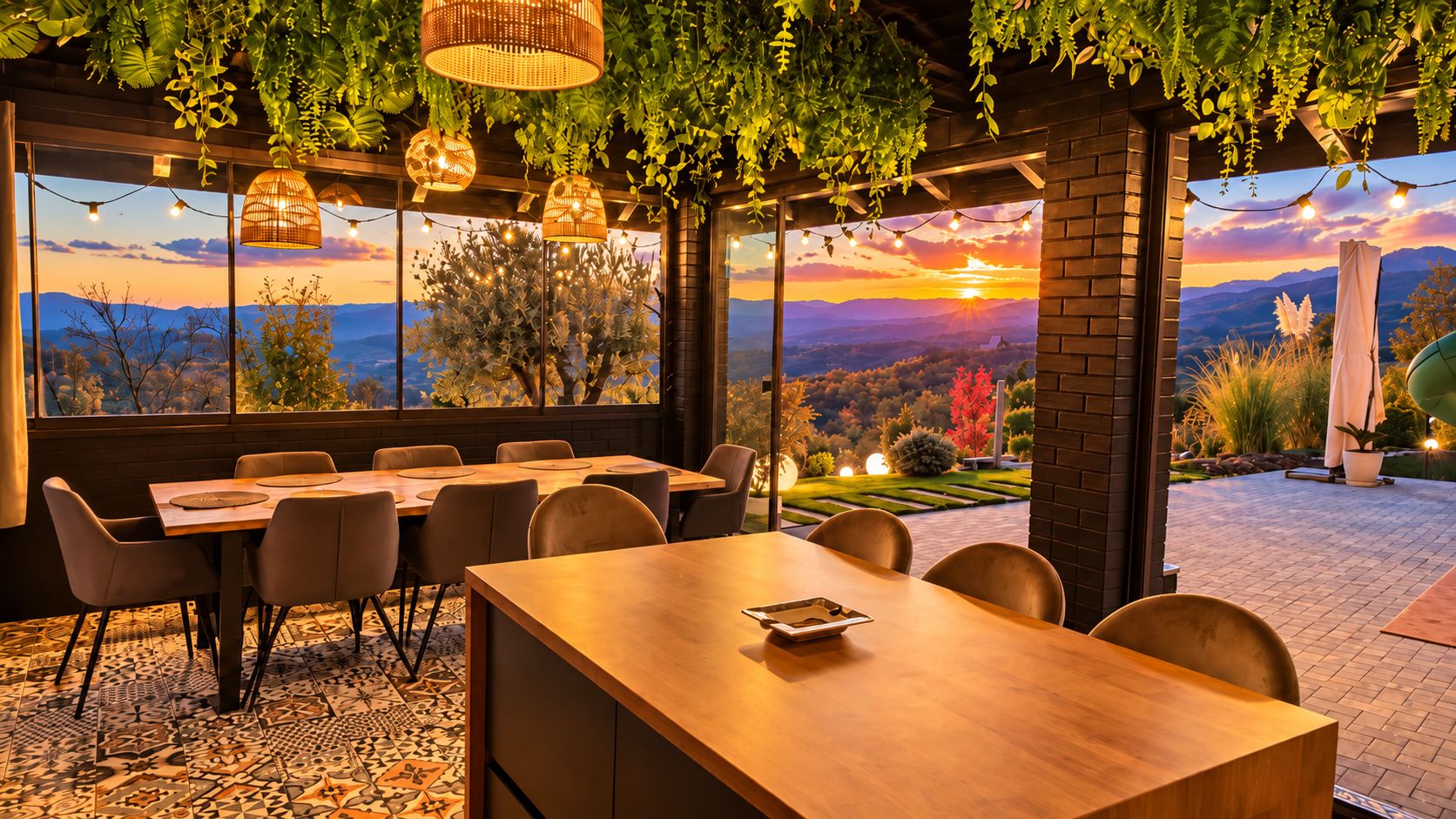 Een eetruimte met uitzicht op een zonsondergang boven de bergen, met hangplanten, rieten lampen en een bakstenen muur.