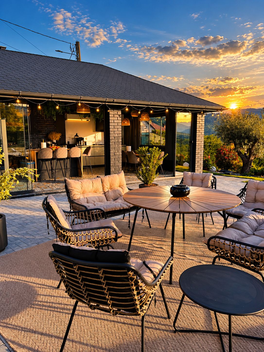 Une terrasse extérieure comprenant un espace repas, des sièges et une vue sur le paysage.