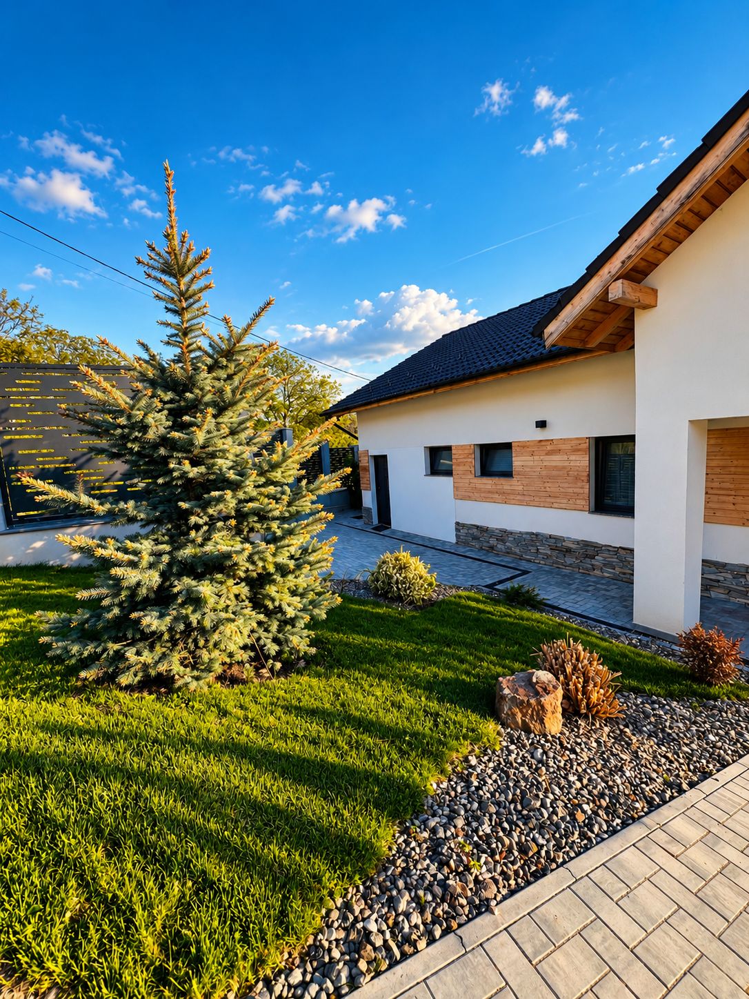 A modern house with a sloped roof, a well-maintained lawn, and a small garden area with rocks and plants.