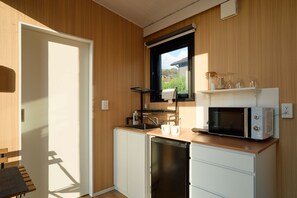 Fridge, microwave, stovetop, electric kettle