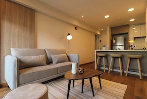 Ein modernes Wohnzimmer mit einer Couch, einem Couchtisch und einer Küchenzeile mit Barhocker.