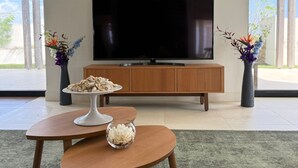 A modern living room with a flat-screen TV, wooden furniture, and two vases with flowers. - VILLA MAY, PRIVACY, FANTASTIC VIEWS AND 10 MIN FROM JAN THIEL (Willemstad)