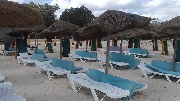 Une plage bordée de rangées de chaises longues et d’ombrelles en chaume.