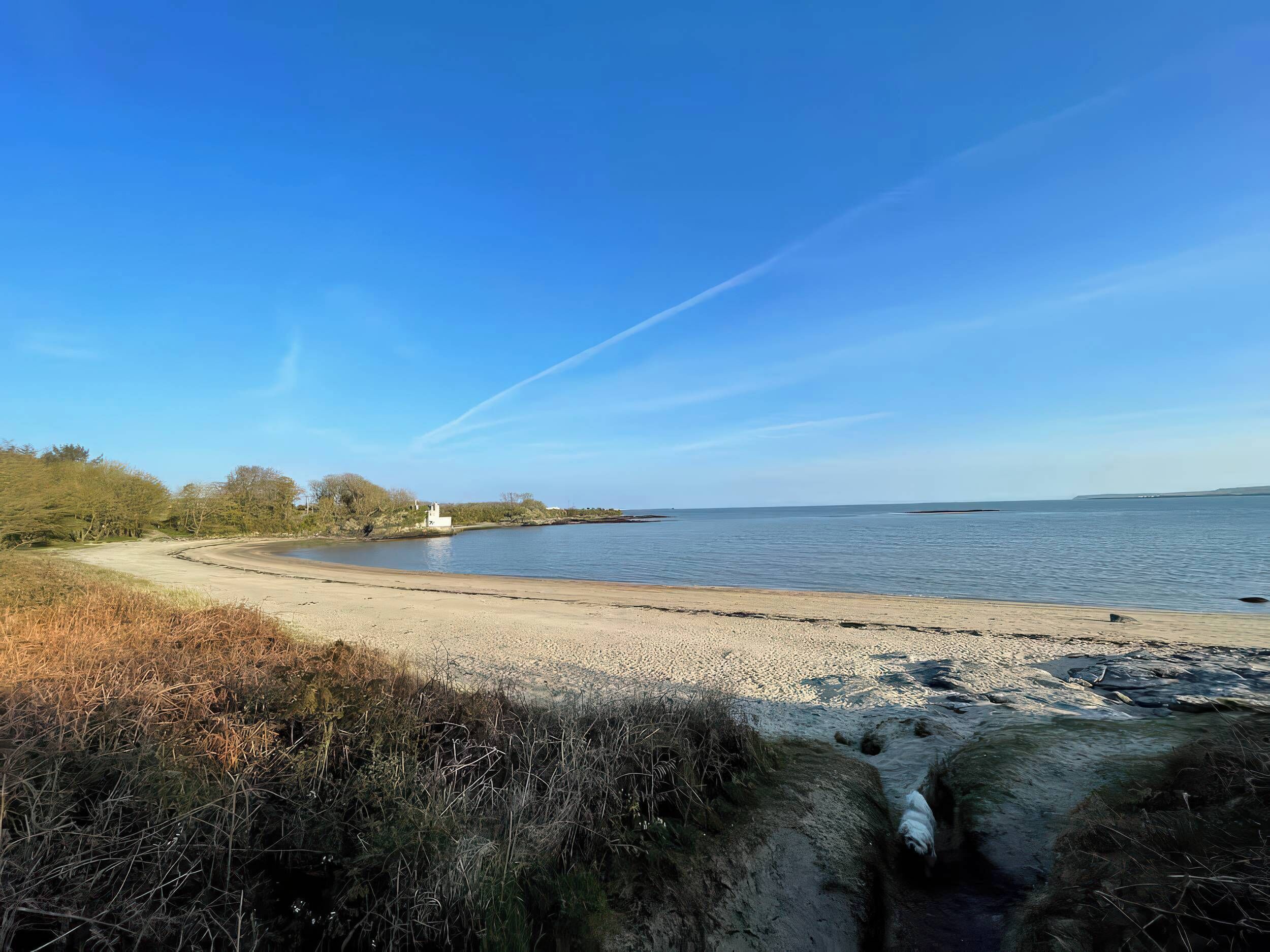 Un paysage côtier avec une plage de sable, une petite construction blanche et un ciel bleu dégagé.