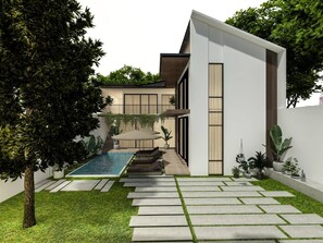 A modern house with a swimming pool, a covered patio, and a well-maintained garden. - Sale45% Villa 4BR @Seminyak near Double Six Beach (Seminyak)