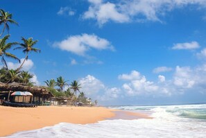 Una playa con palmeras, una cabaña y un cielo azul despejado.