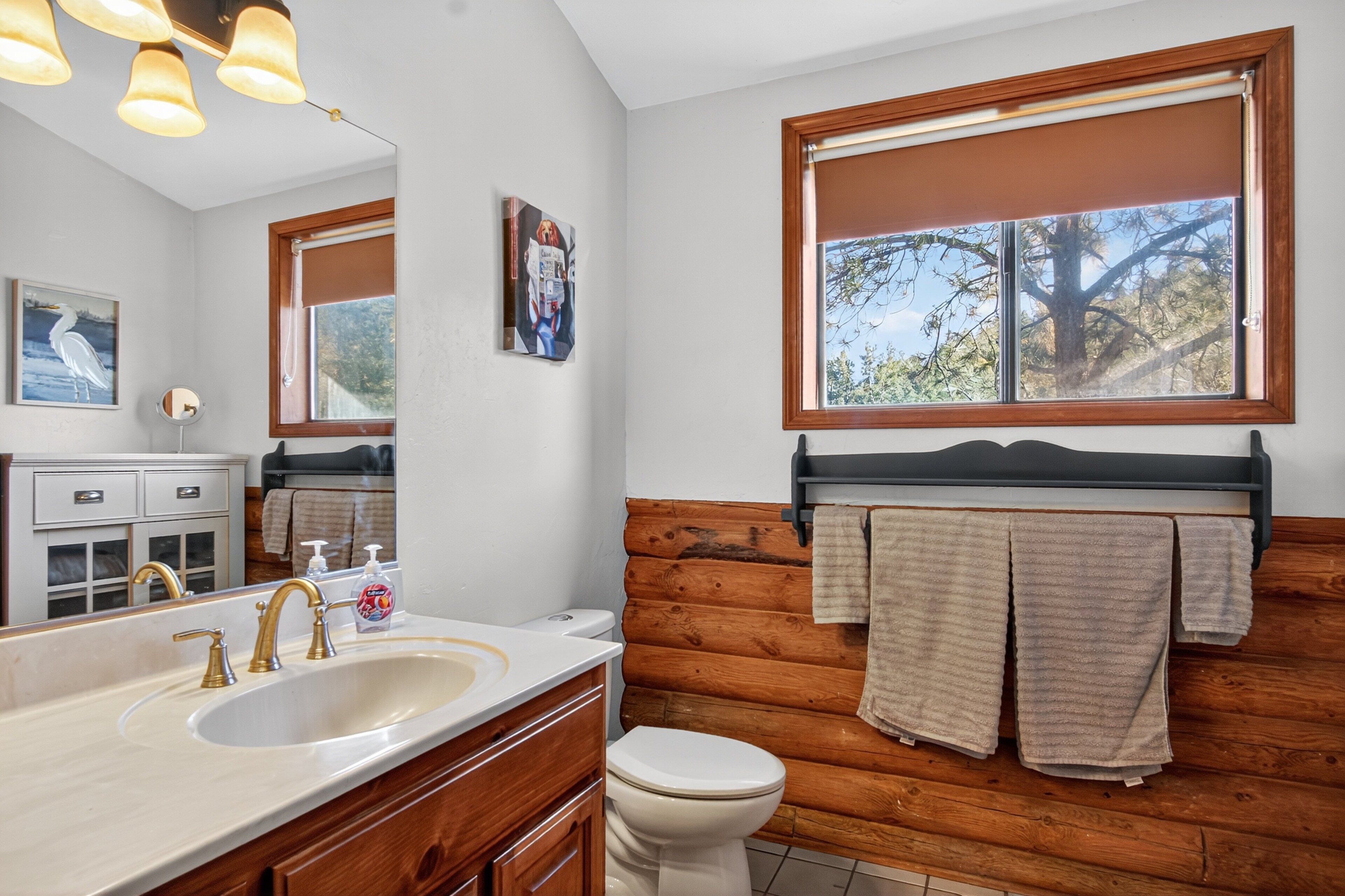 A bathroom with a wooden log wall, a large window, a sink with a mirror, and a toilet.