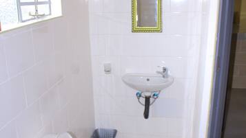 Shower, towels, soap, toilet paper