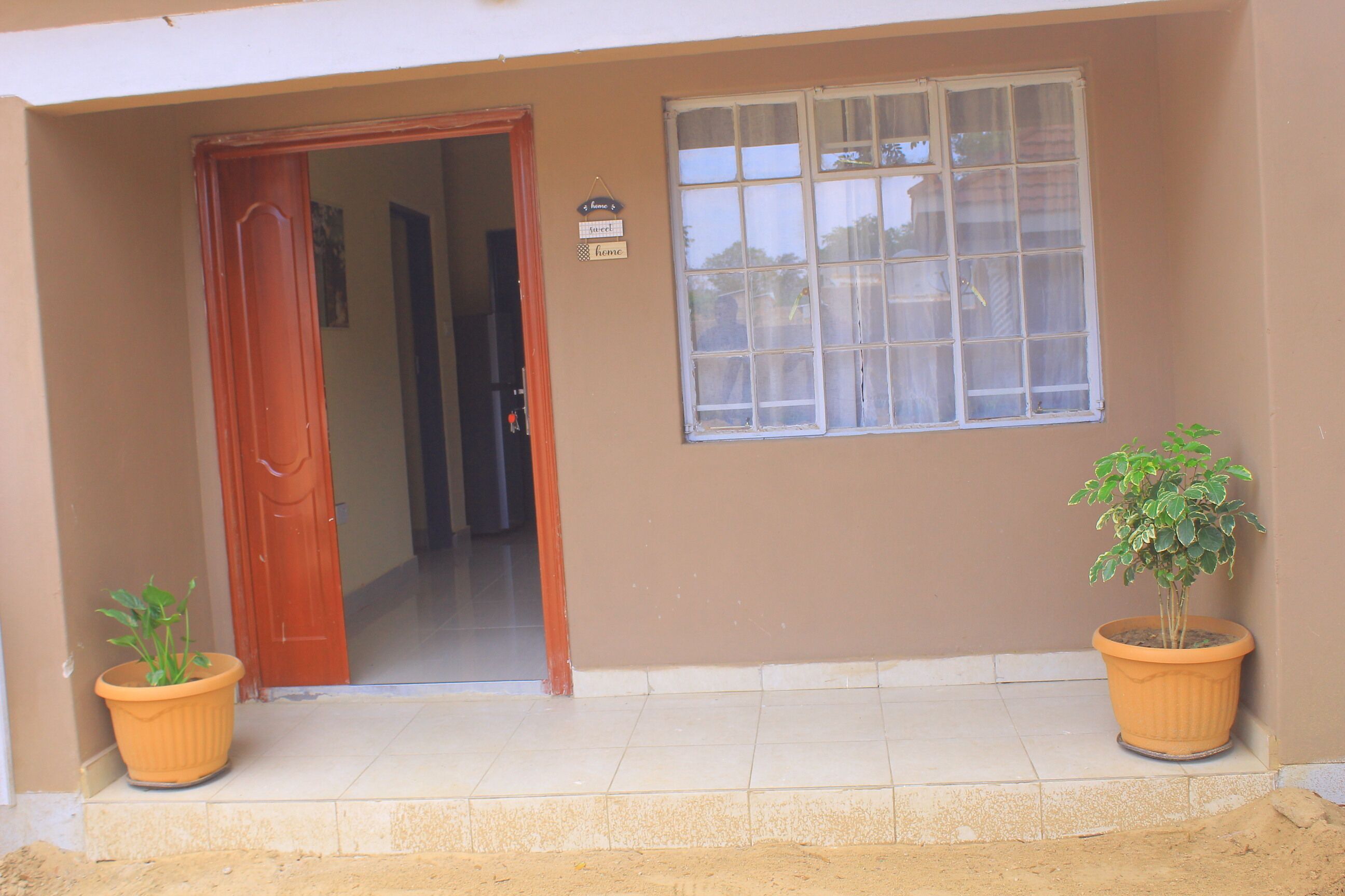A house entrance with a wooden door, a window with a view, and two potted plants.