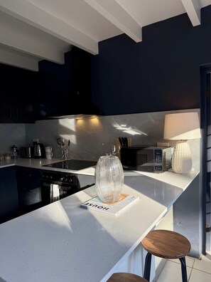 Luxe appartement, uitzicht op tuin | Privékeuken | Een koelkast, een magnetron, een koffiezetapparaat/waterkoker