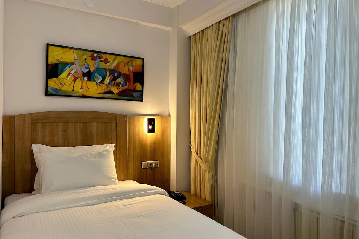 A hotel room with a large bed, a painting on the wall, a bedside lamp, and a window with curtains.