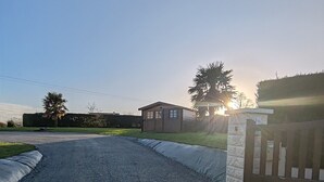 A gravel driveway leading to a gated entrance with a small building and a palm tree in the background.