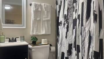 Hair dryer, towels, soap, shampoo