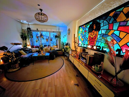 Spacious apartment full of life in the form of many plants and a cat!